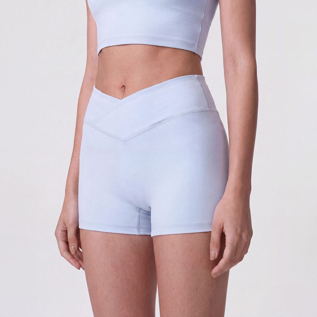 High Waist Crossover Athletic Shorts with Smooth Stretch Fabric and Fitted Biker Short Length