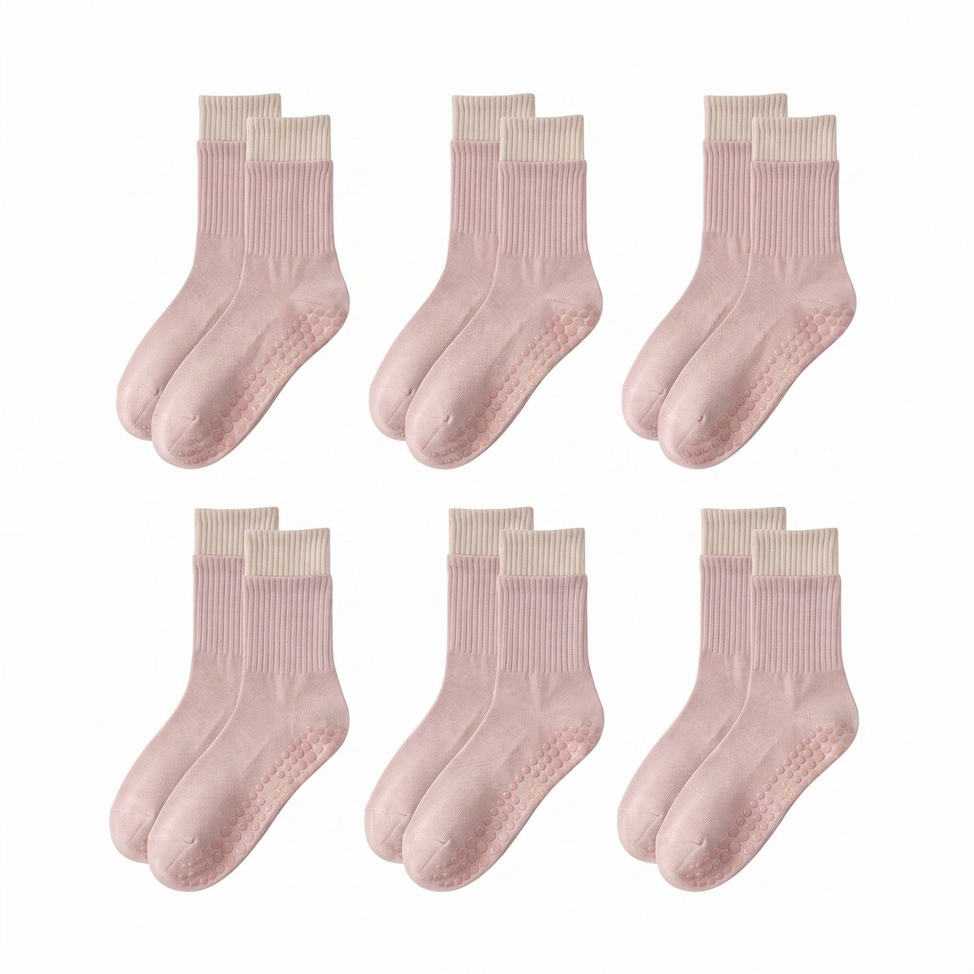 6 Pair Non-Slip Crew Socks with Contrast Ribbed Cuffs