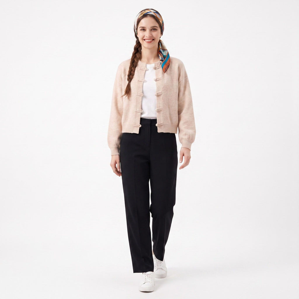 Bow Button Cardigan Crew Neck Long Sleeve Relaxed Fit Knit Sweater