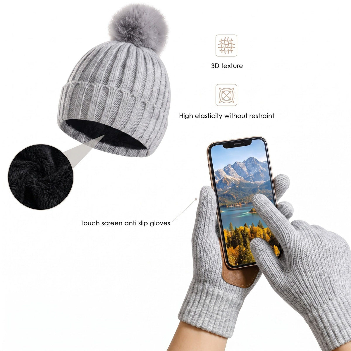 3 Piece Pom Beanie Scarf and Touchscreen Gloves Winter Set