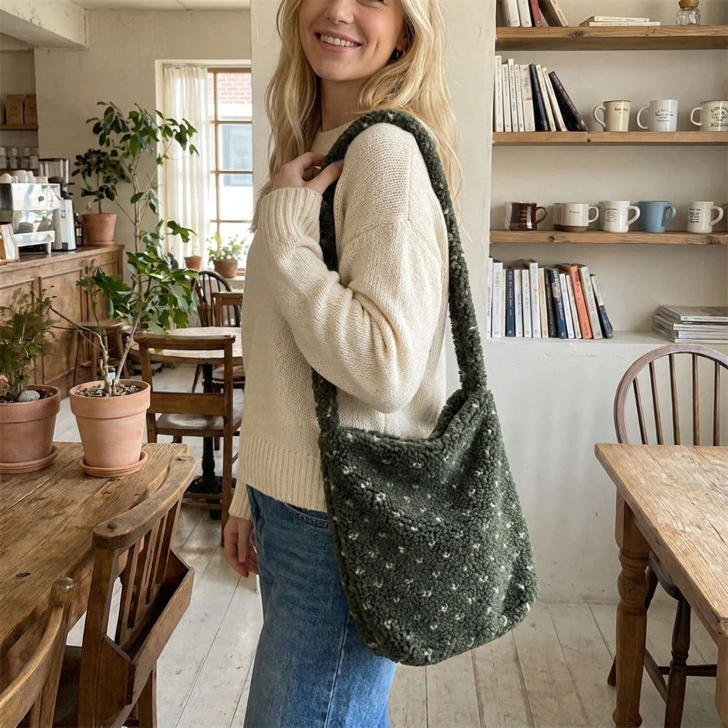 Fuzzy Shoulder Bag Soft Textured Tote Purse with Magnetic Closure