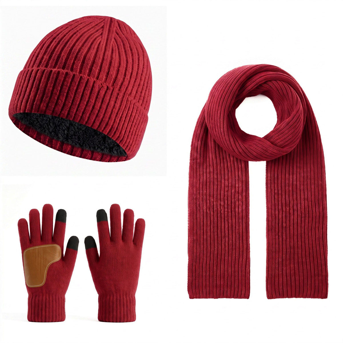 3 Piece Ribbed Knit Beanie Scarf and Touchscreen Gloves Set