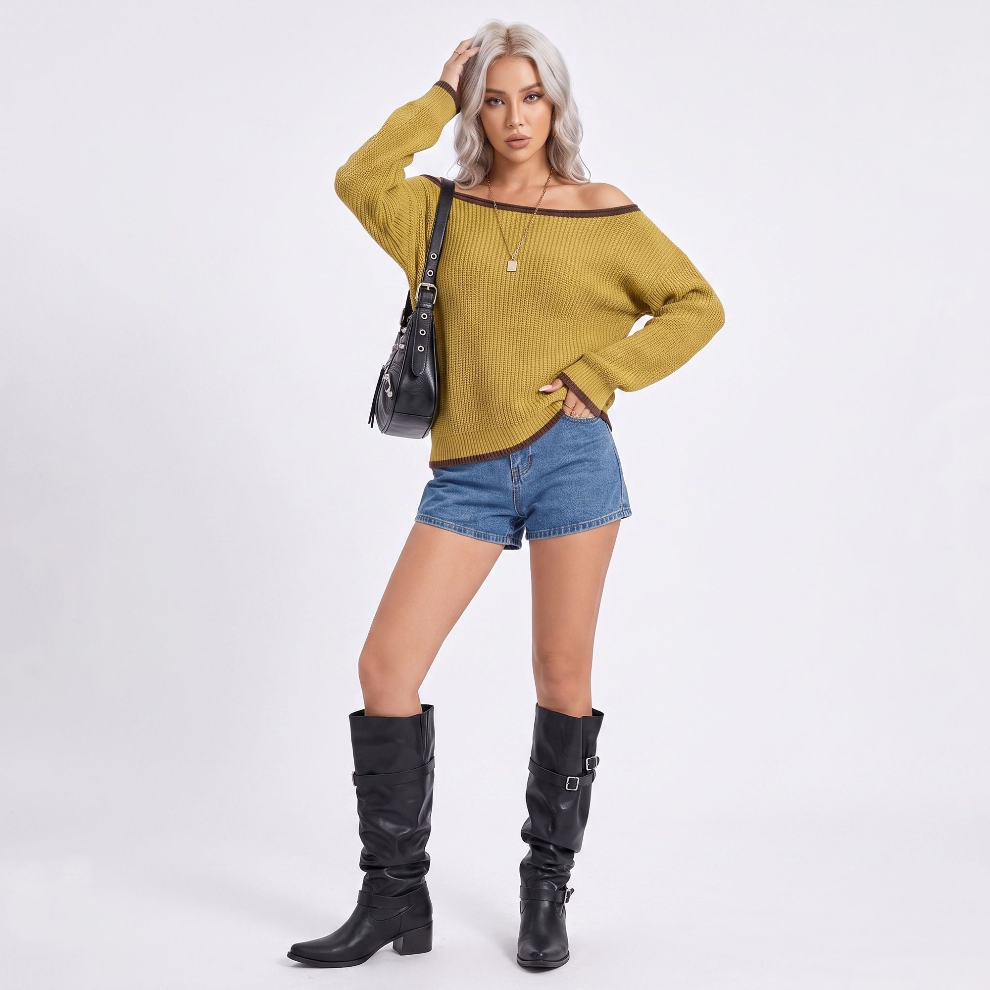 Contrast Trim Off Shoulder Long Sleeve Knit Sweater