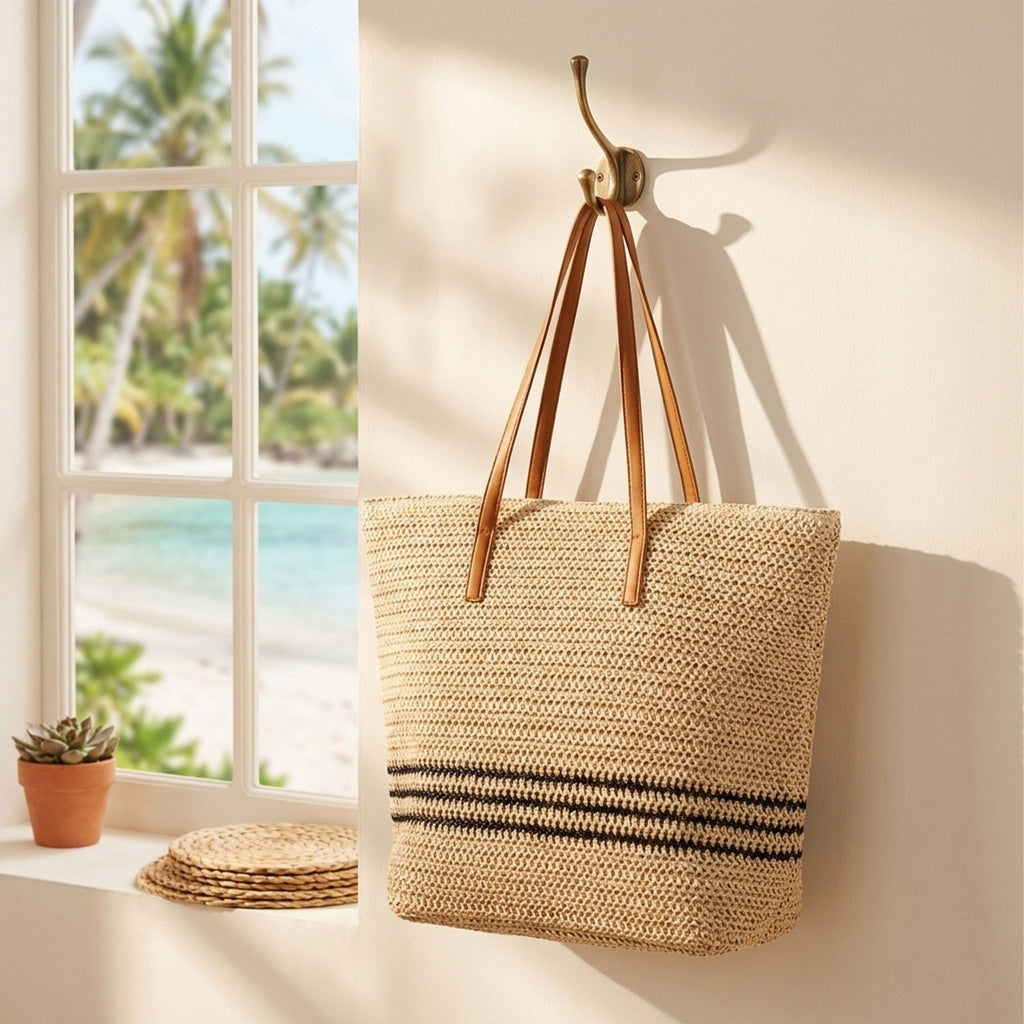 Woven Crochet Tote Bag with Striped Pattern Leather Shoulder Strap Lightweight Large Capacity Handbag