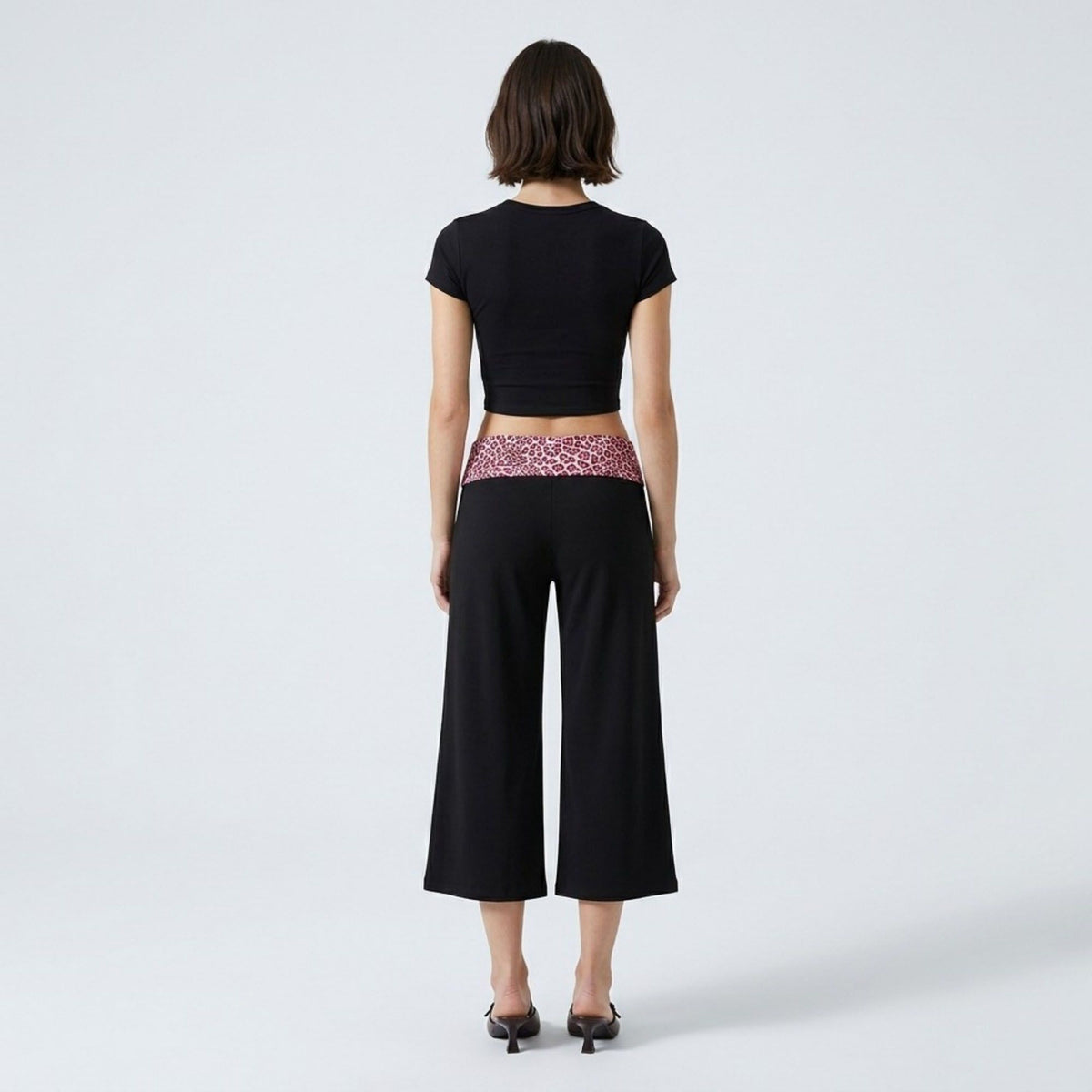 Contrast Foldover Waistband Leopard Print Cropped Trousers