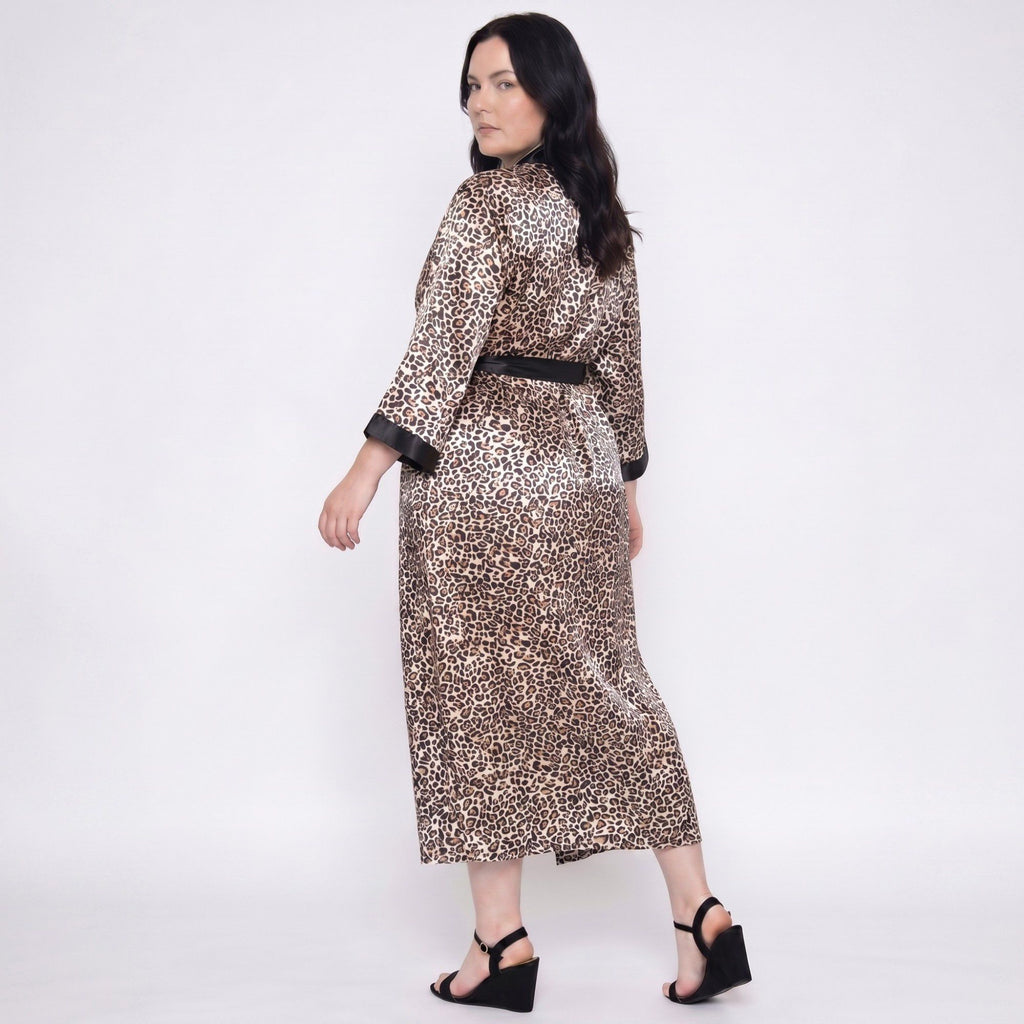 Plus Size Leopard Print Satin-Like Wrap Robe with Long Kimono Sleeves Contrast Trim and Self Tie Waist