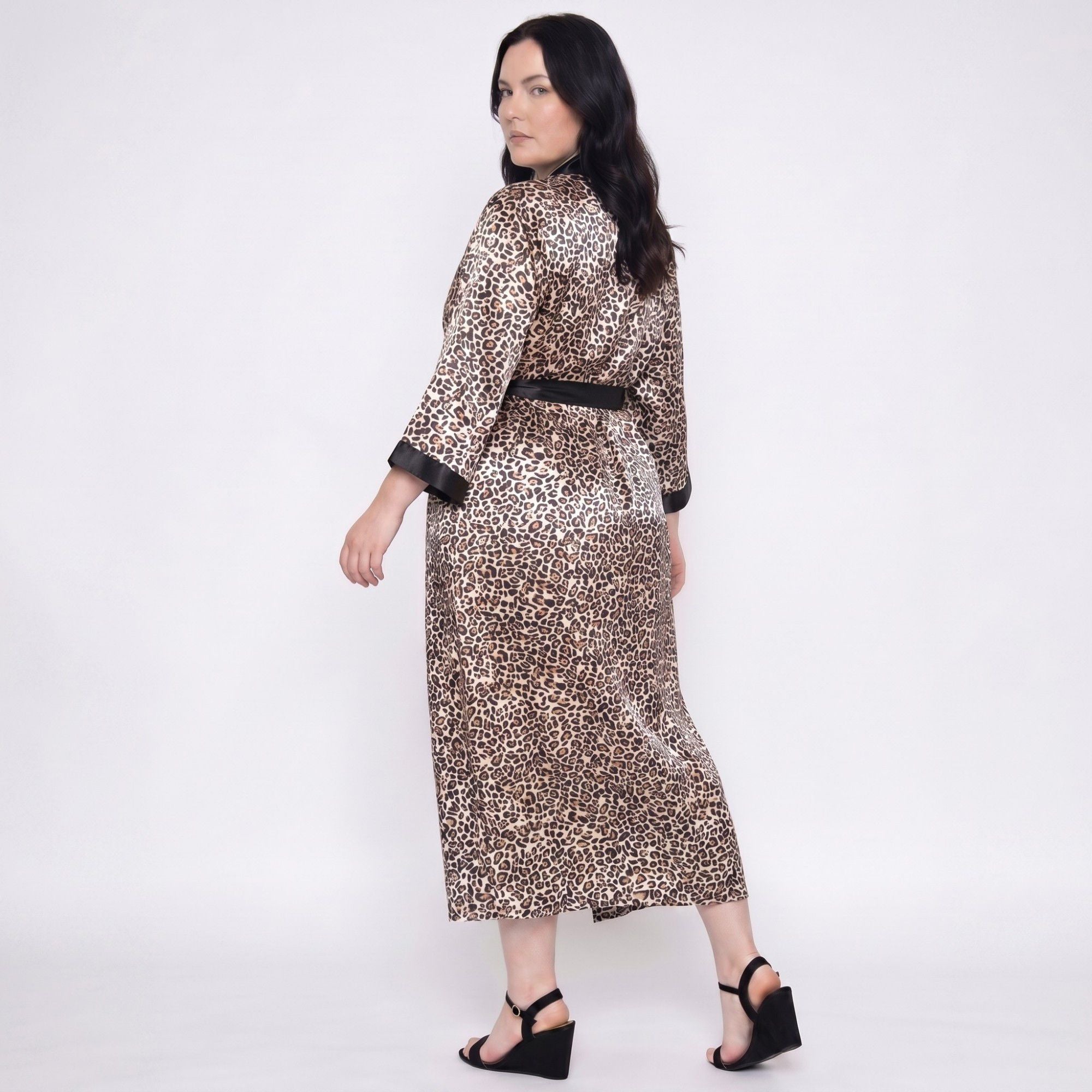 Plus Size Leopard Print Satin-Like Wrap Robe with Long Kimono Sleeves Contrast Trim and Self Tie Waist