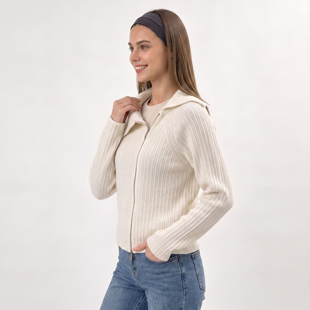 Ribbed Wide Collar Zip-Front Cardigan Sweater