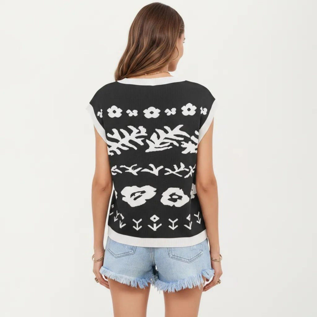 Anna-Kaci Women's Sleeveless Floral Knit Vest Top with Crew Neck and Contrast Trim