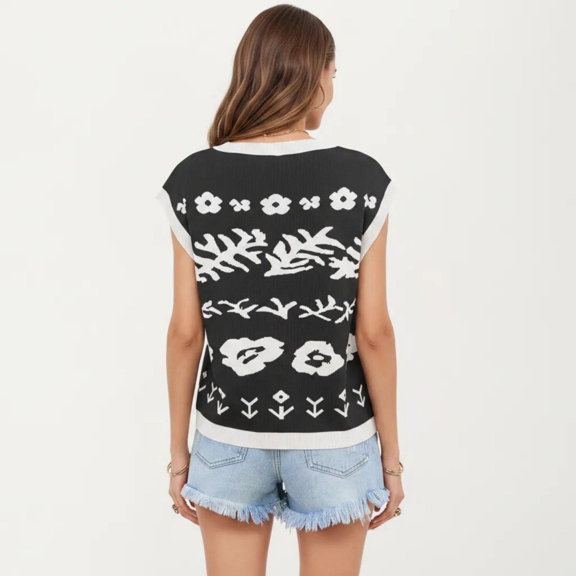 Anna-Kaci Women's Sleeveless Floral Knit Vest Top with Crew Neck and Contrast Trim