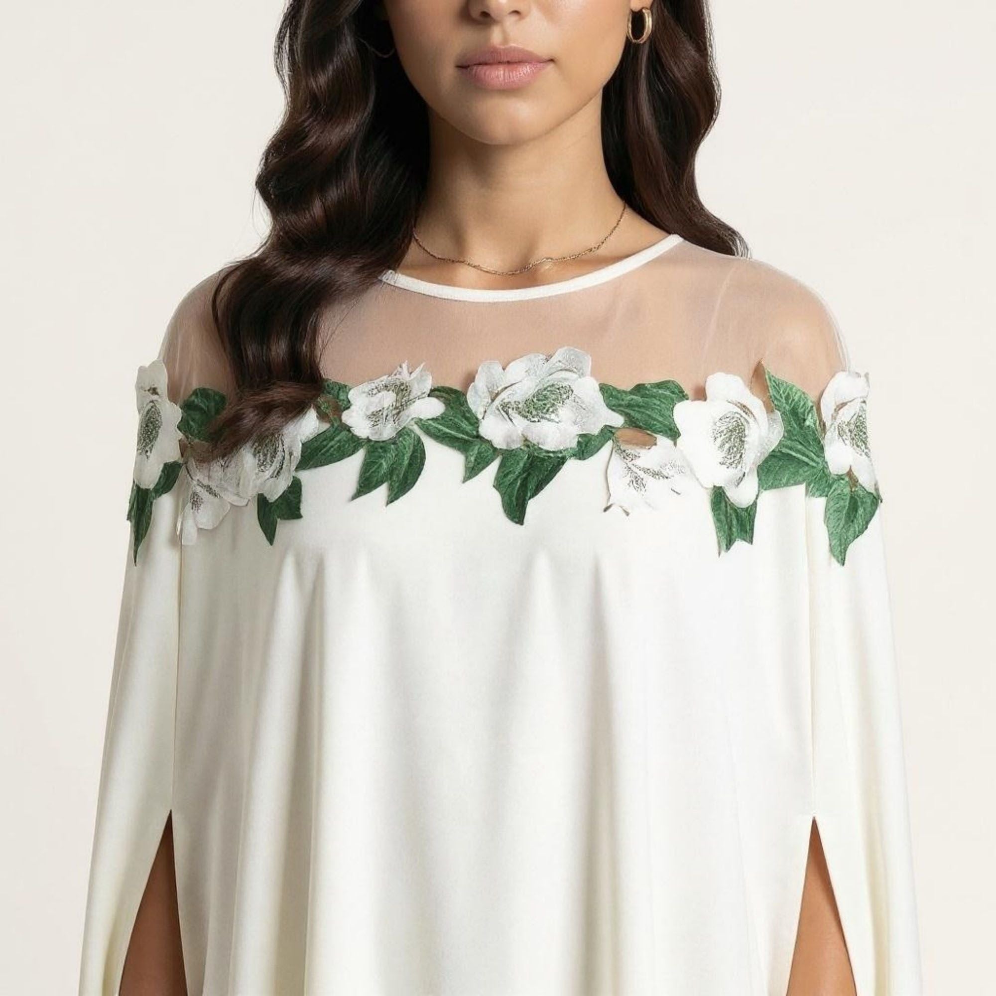 Anna-Kaci Women's Floral Embroidered Cape Maxi Dress Sheer Neckline Loose Fit Flowing Long Dress