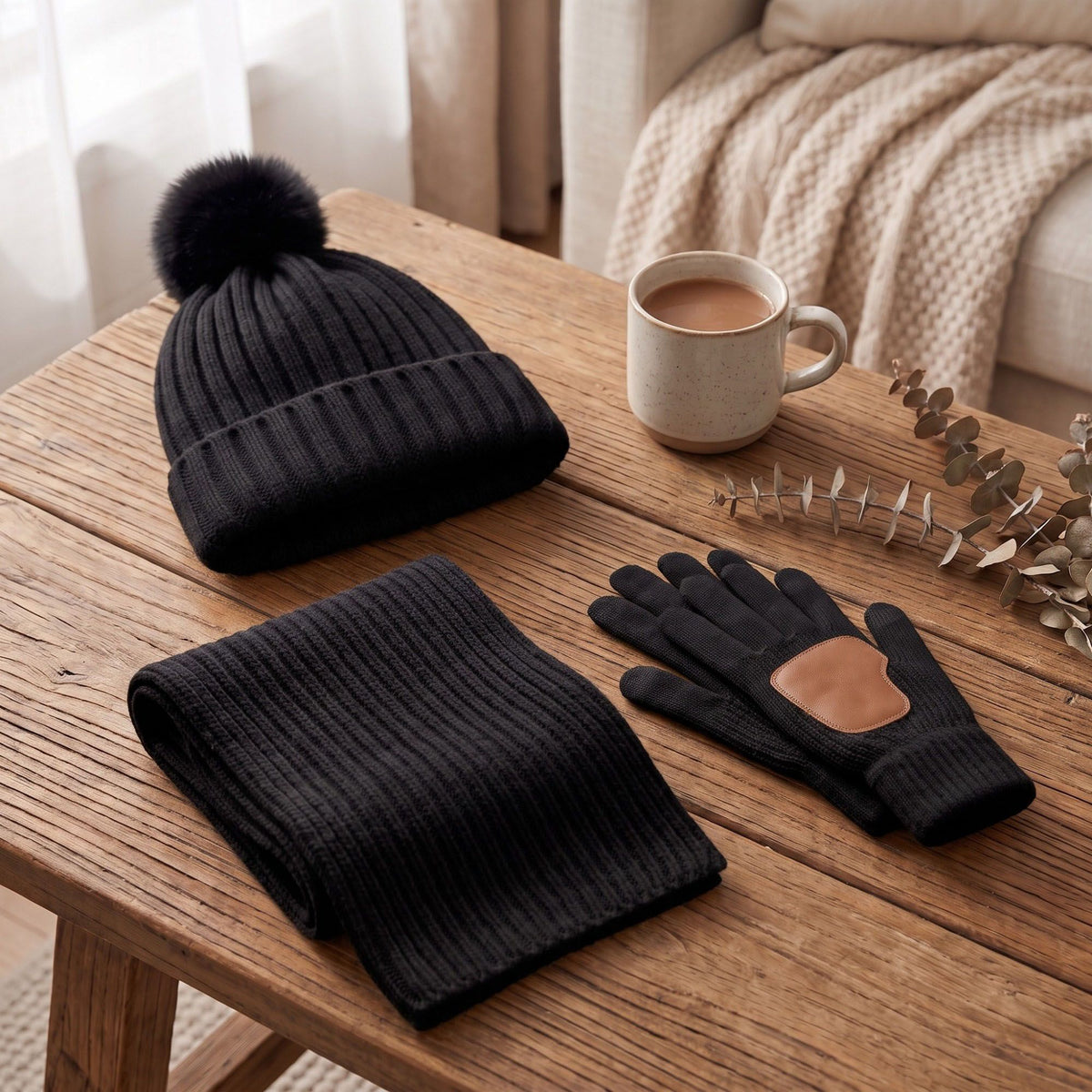 3 Piece Pom Beanie Scarf and Touchscreen Gloves Winter Set