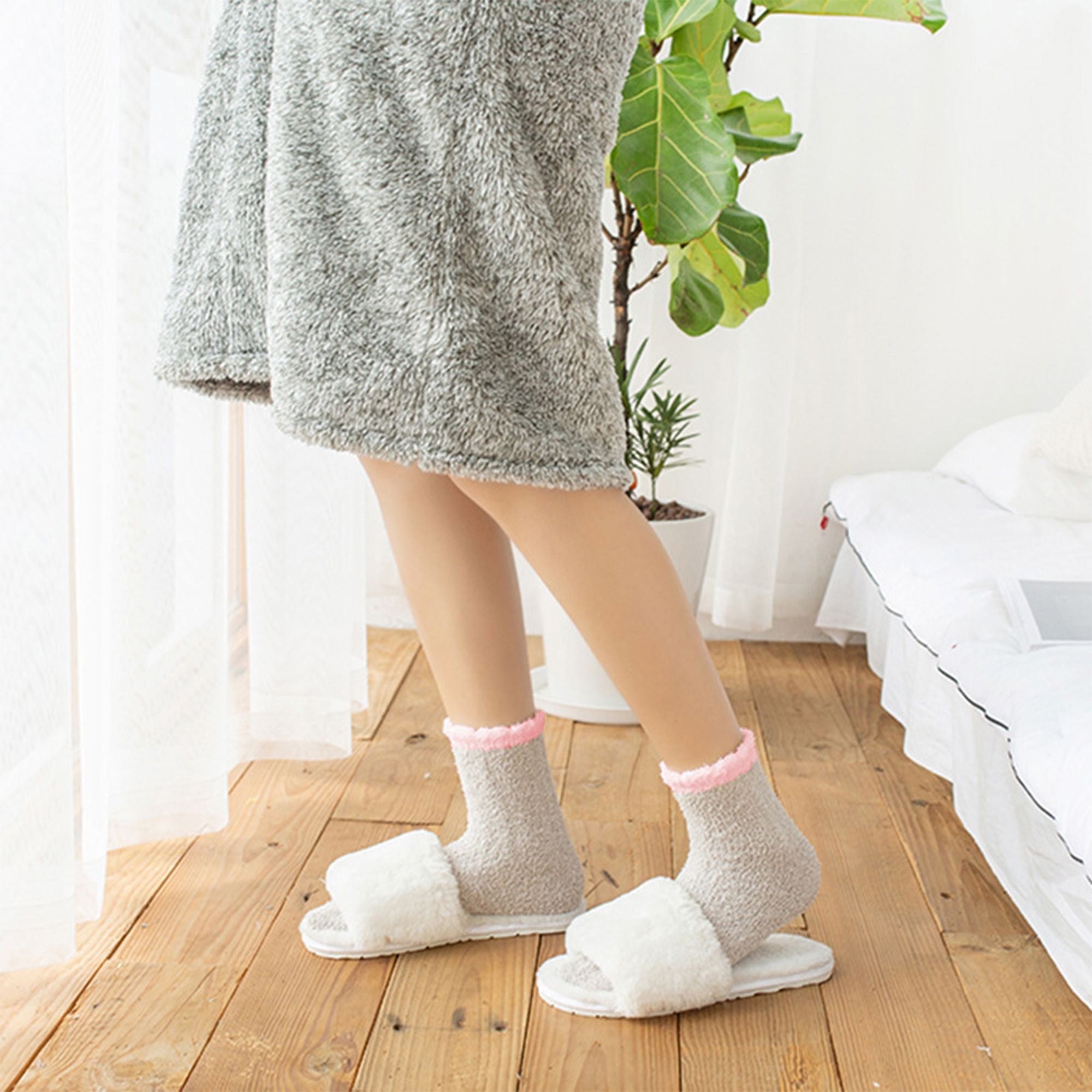 Anna-Kaci 4-Pair Plush Cozy Fuzzy Socks with Contrast Cuffs for Winter Indoor Warmth