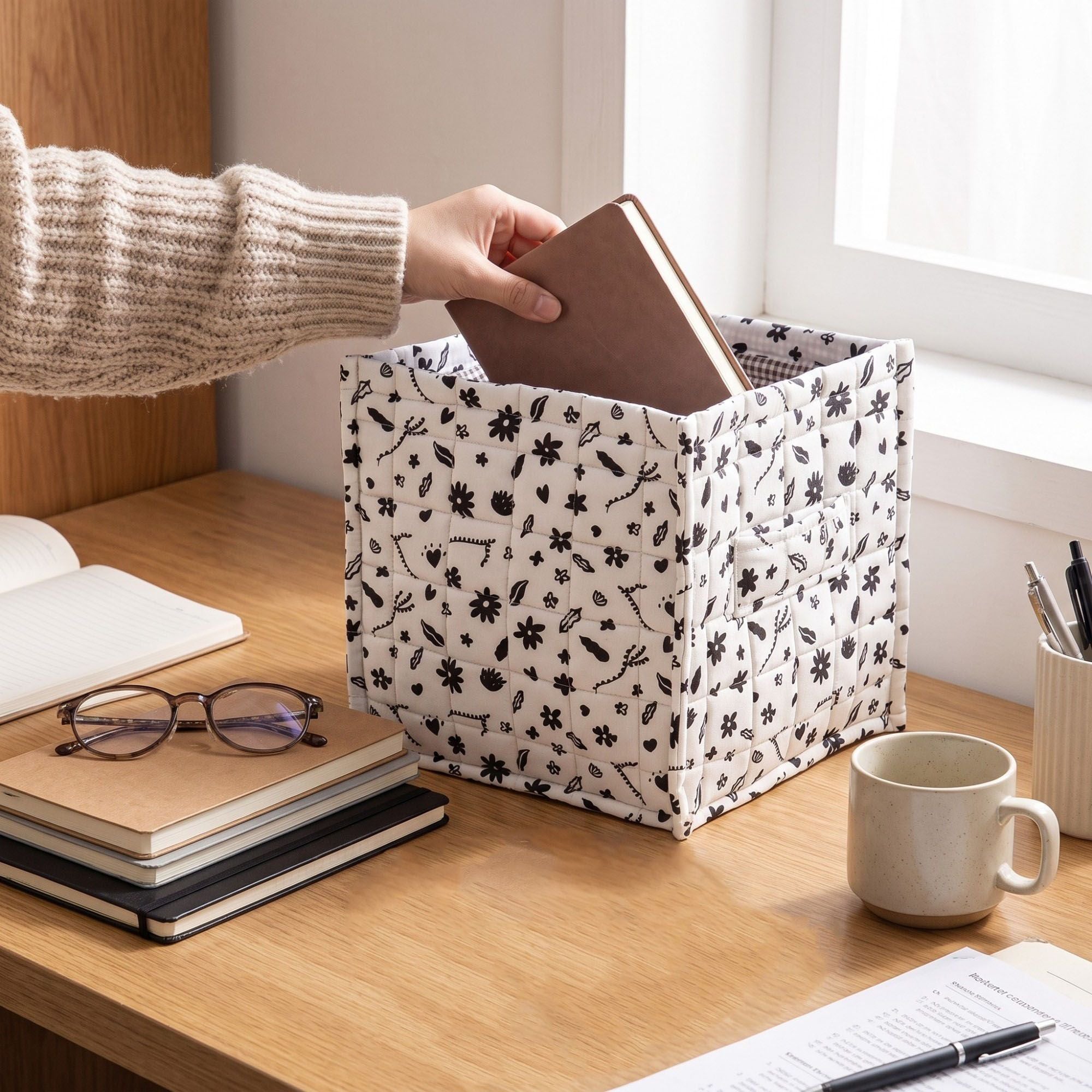 Quilted Floral Storage Cube Bin with Side Handle 11.4 Inch
