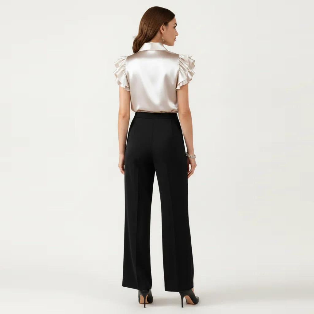 Anna-Kaci Women's Satin Button Down Blouse with Ruffle Sleeves and Collared Neckline