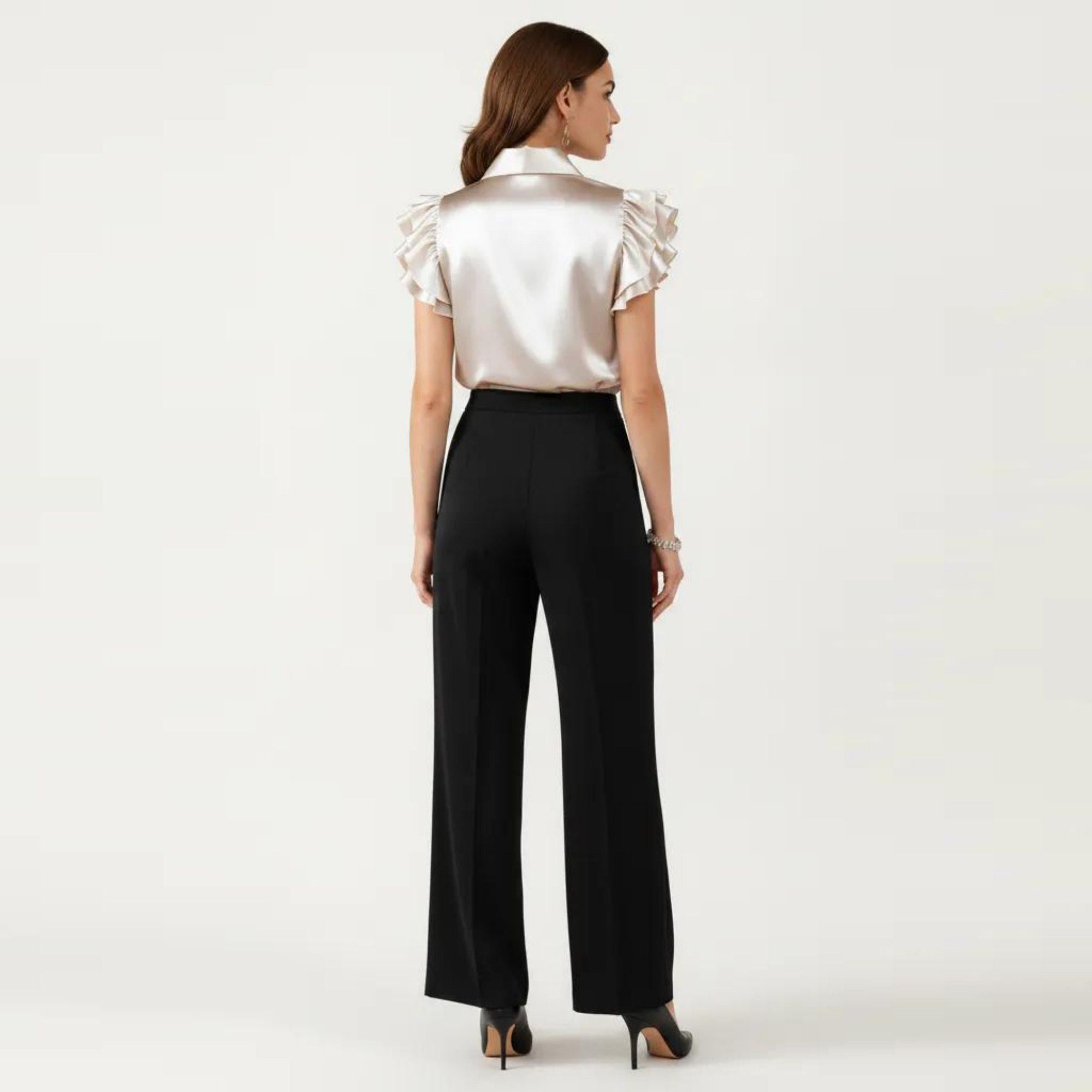 Anna-Kaci Women's Satin Button Down Blouse with Ruffle Sleeves and Collared Neckline