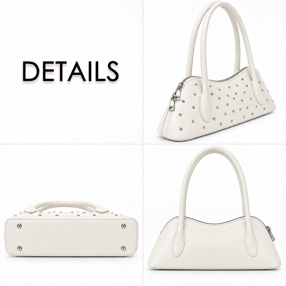 Studded Satchel Handbag with Long Handles Zip Closure and Interior Pocket