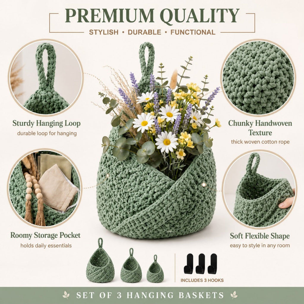 Woven Cotton Rope Hanging Basket Set Wall Storage Organizer with Hooks