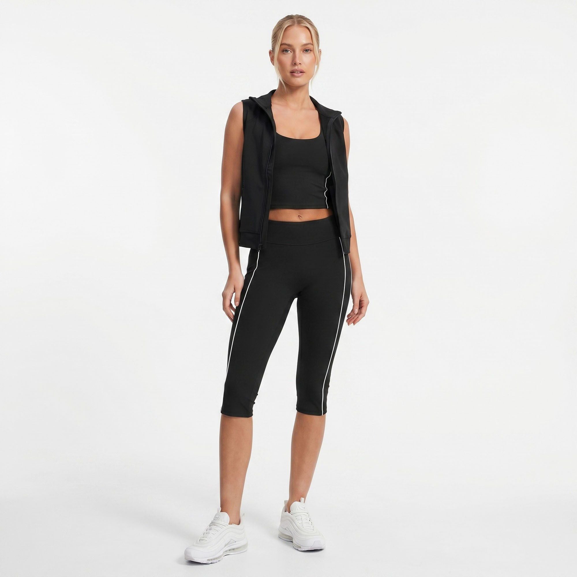 High Waist Side Stripe Capri Leggings Wide Waistband Cropped Workout Yoga Pants