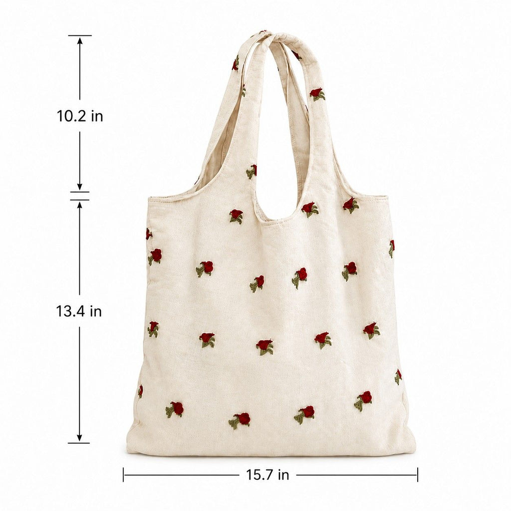 Ditsy Floral Embroidered Shoulder Tote Bag Soft Lightweight Slouchy Everyday Carryall85