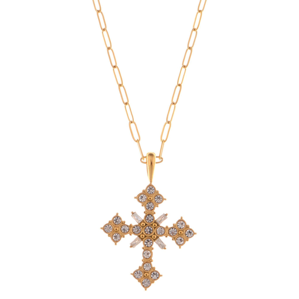 Anna-Kaci Gold Tone Cross Fashion Necklace with Rhinestone Detailing