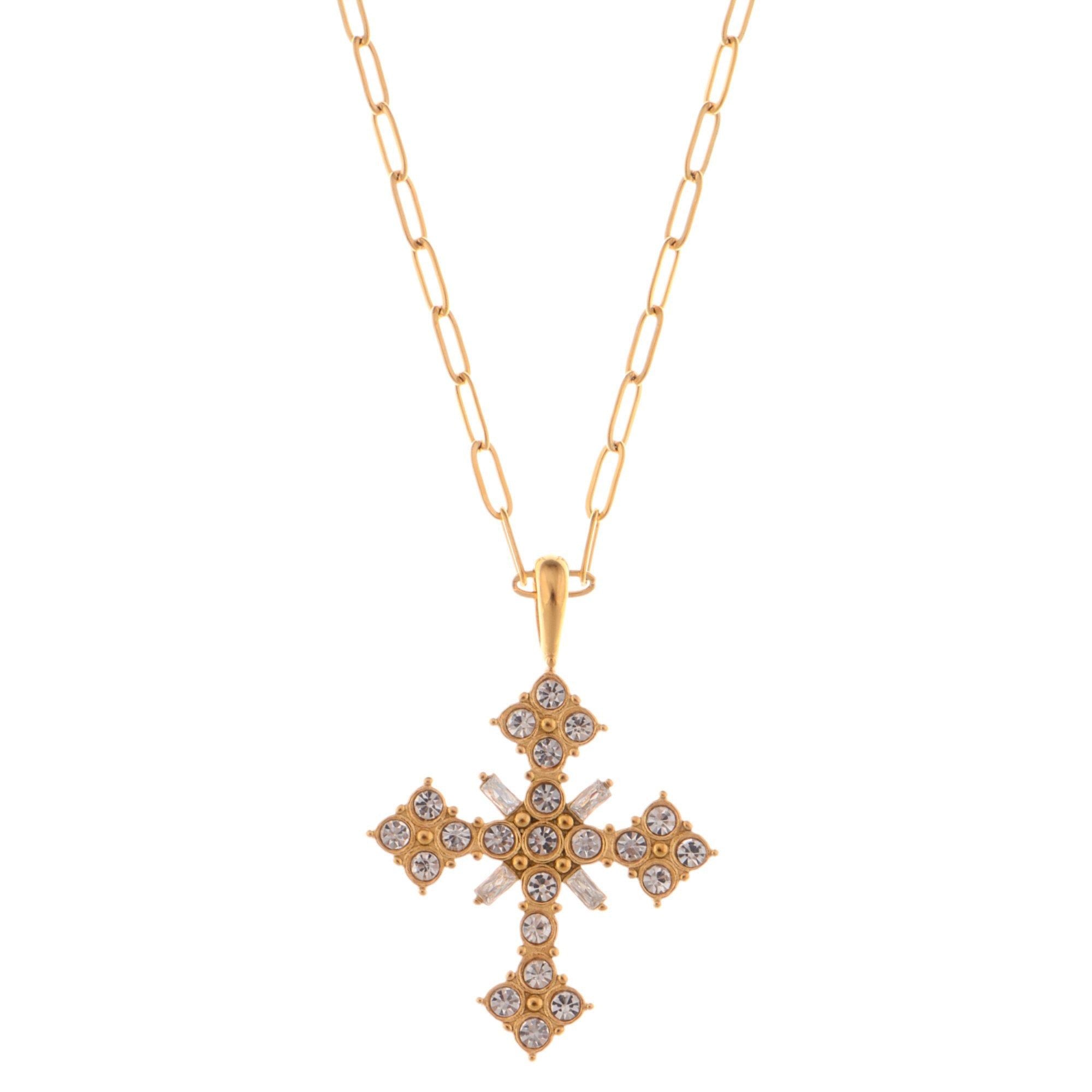 Anna-Kaci Gold Tone Cross Fashion Necklace with Rhinestone Detailing