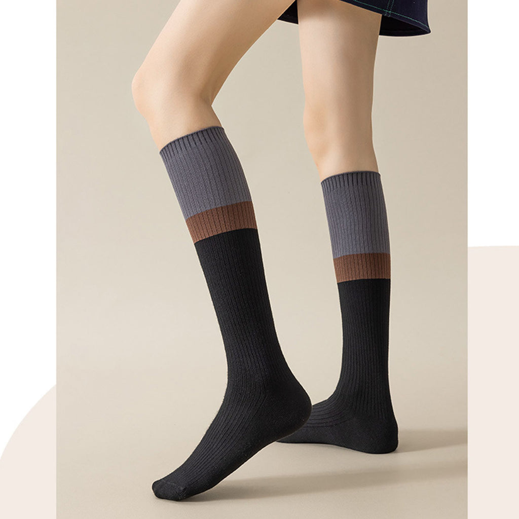 Anna-Kaci 2-Pair Colorblock Knee-High Ribbed Socks with Stretch Fit Design