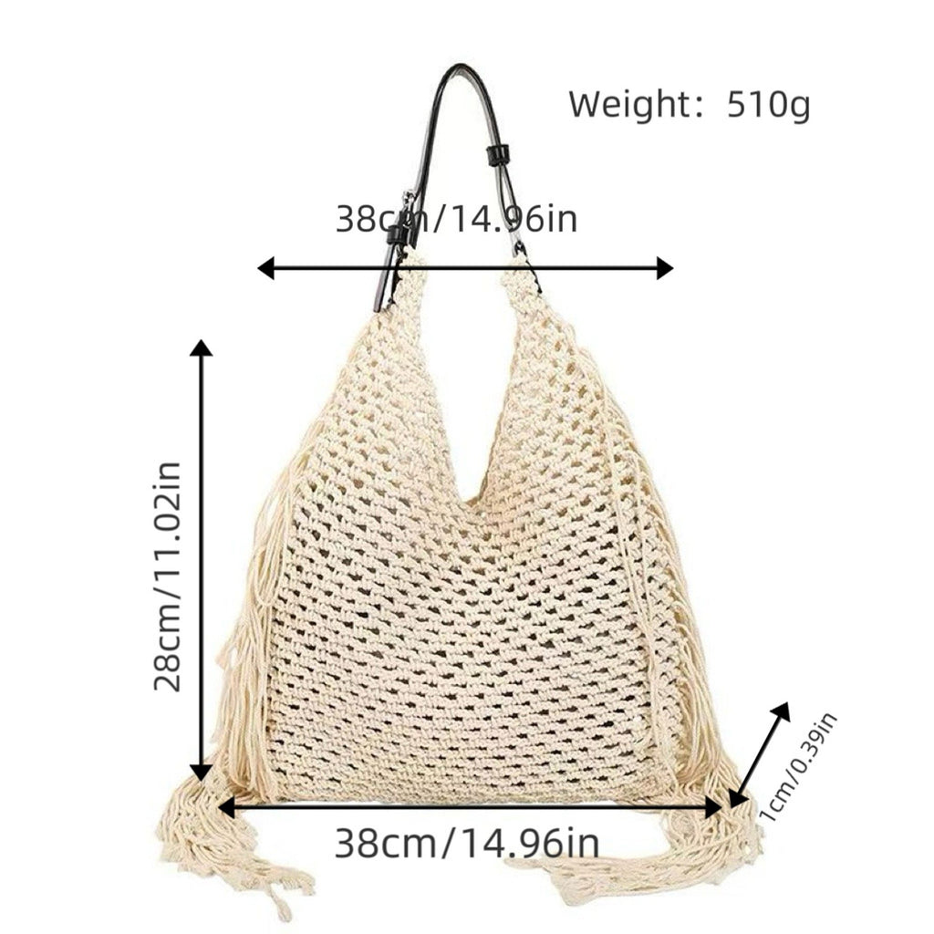 Woven Crochet Shoulder Bag with Fringe Detail Slouchy Hobo Style Lightweight Handbag