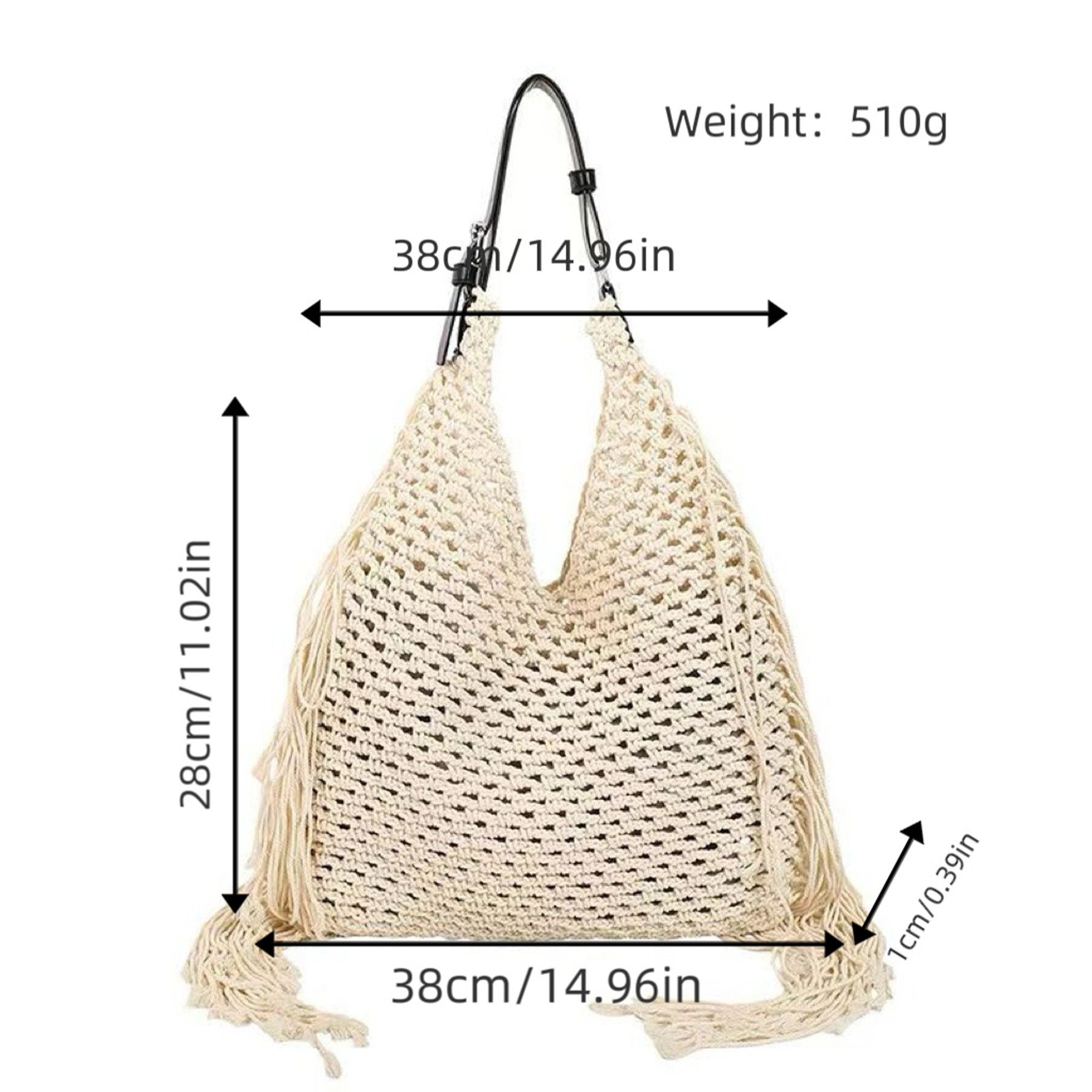 Woven Crochet Shoulder Bag with Fringe Detail Slouchy Hobo Style Lightweight Handbag