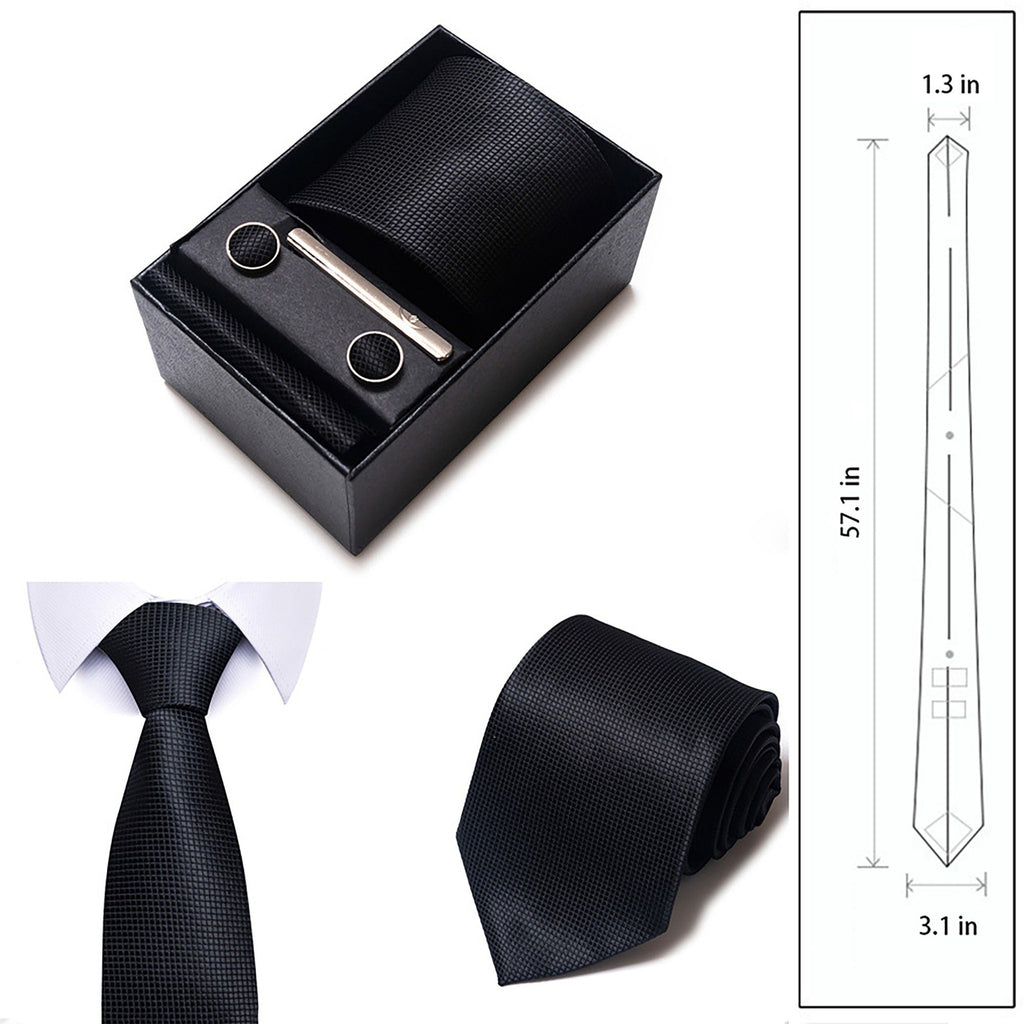 Men's Diamond Grid Pattern Tie Gift Set Necktie Pocket Square Cufflinks Tie Clip Formal Accessory Set