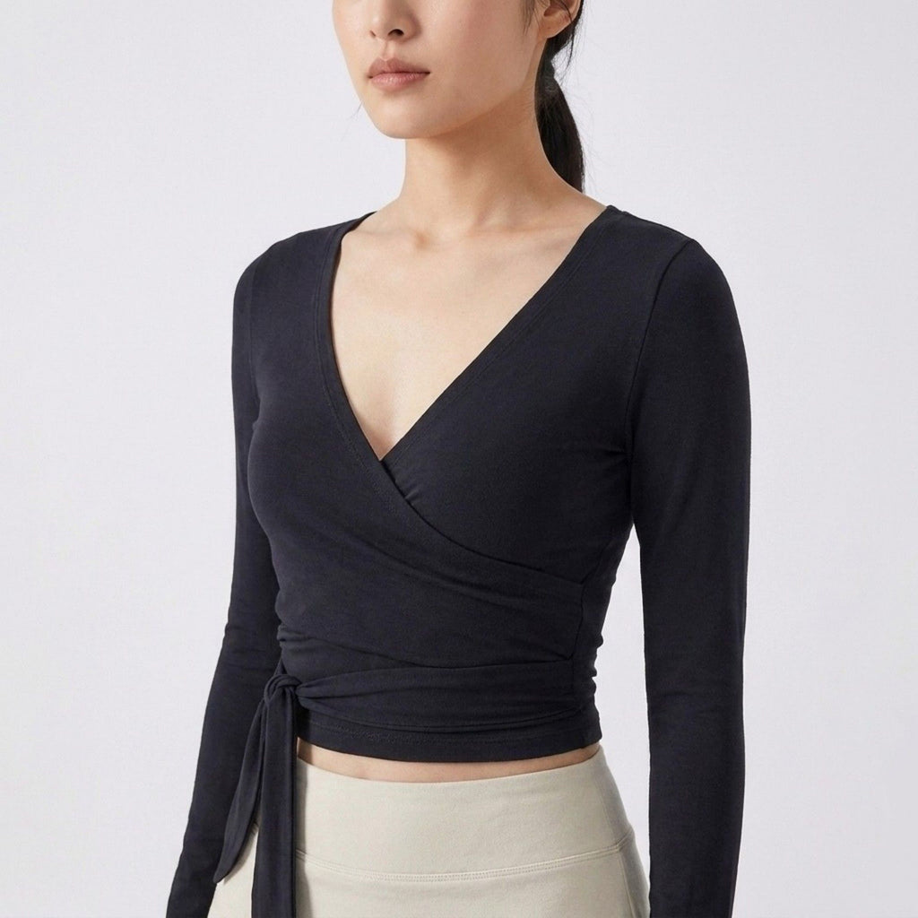 Anna-Kaci Active Womens Long Sleeve Wrap Crop Top with V Neckline Side Tie Waist Smooth Stretch Knit and Fitted Silhouette