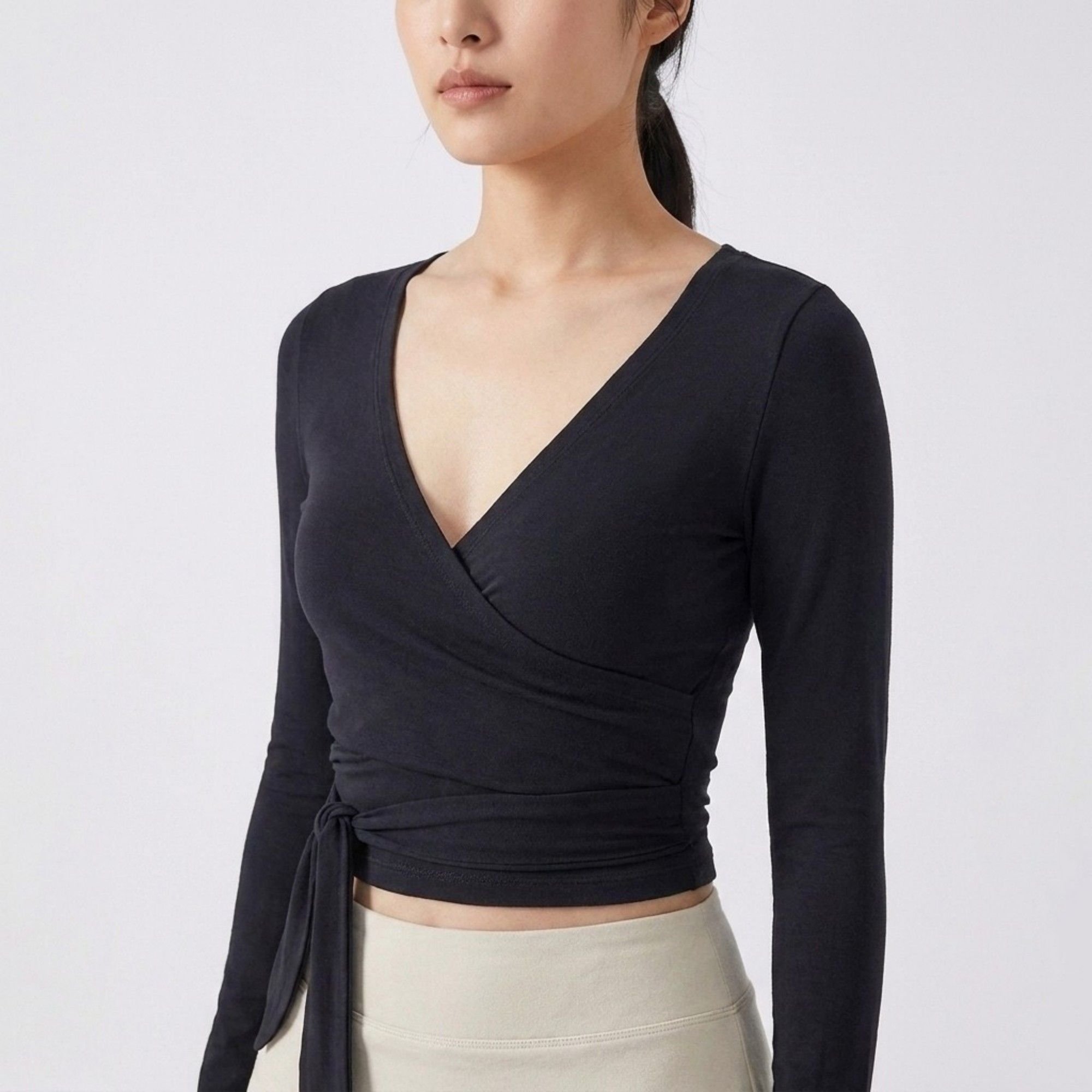 Anna-Kaci Active Womens Long Sleeve Wrap Crop Top with V Neckline Side Tie Waist Smooth Stretch Knit and Fitted Silhouette
