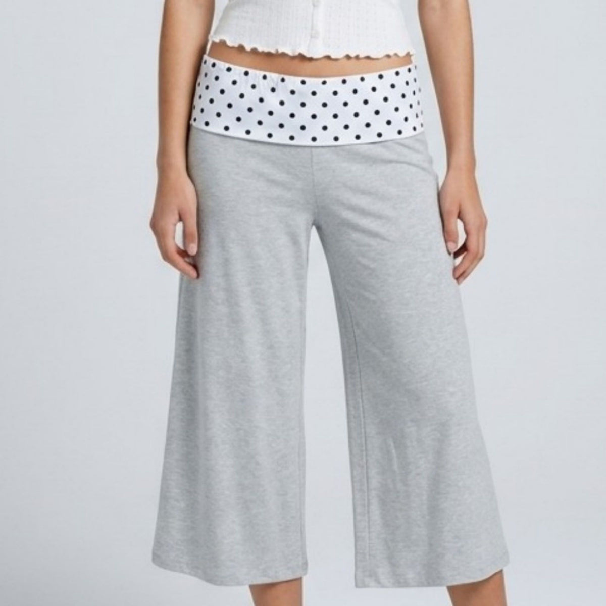 Polka Dot Contrast Waistband Cropped Wide-Leg Trousers