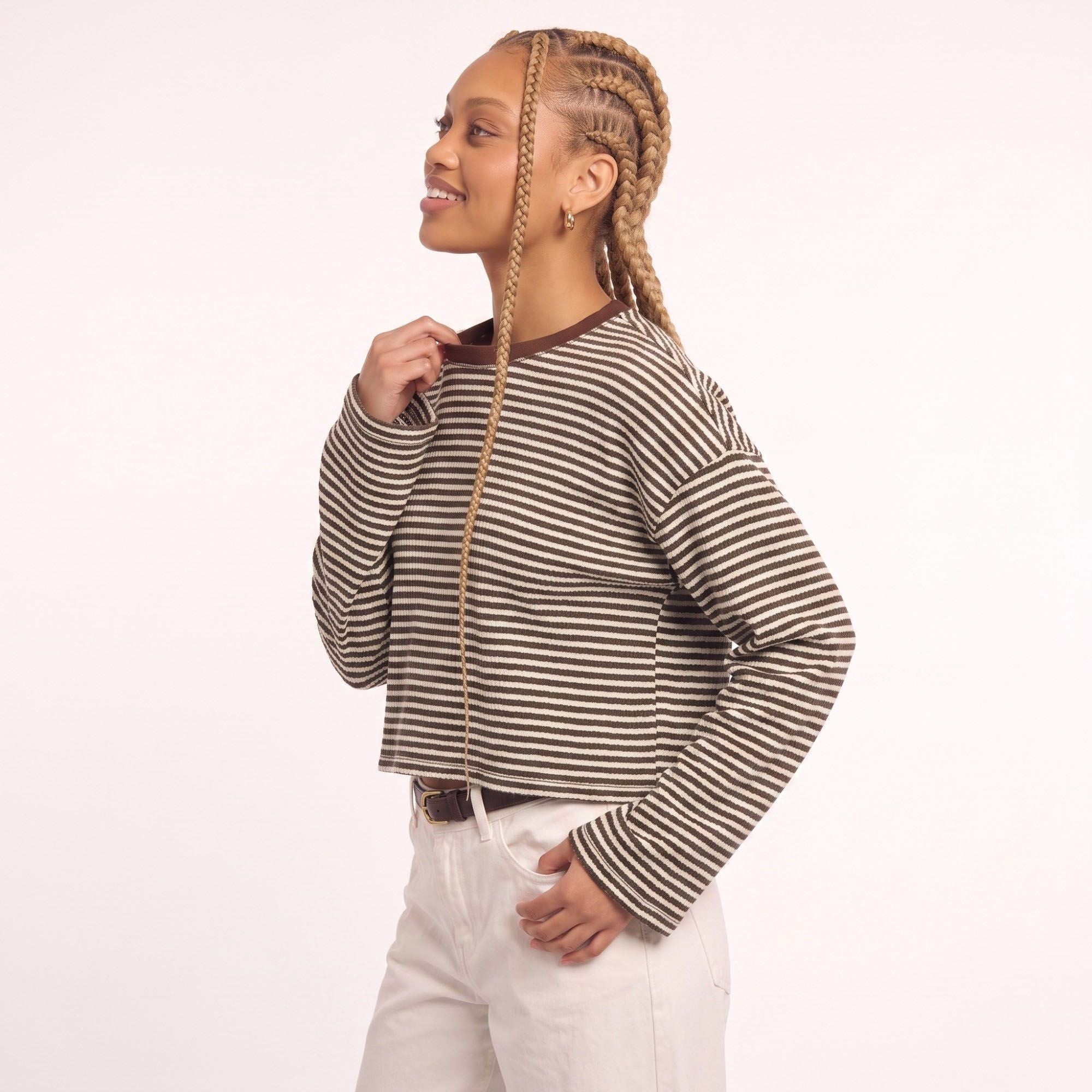 Striped Textured Knit Drop Shoulder Cropped Sweater