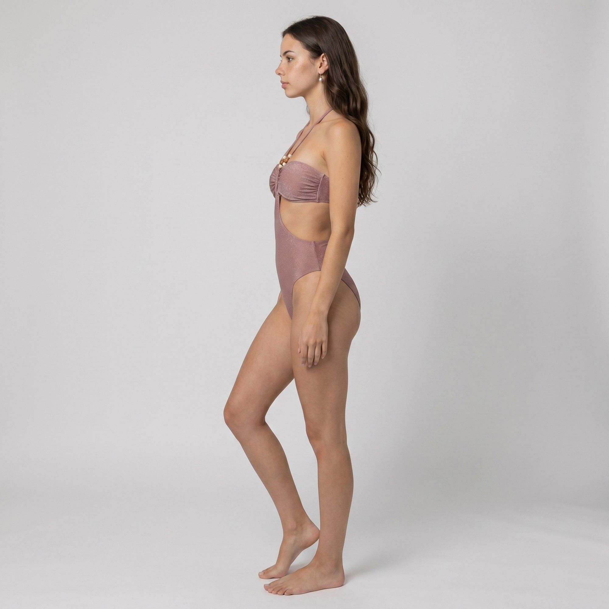 Shimmer Halter Cutout One Piece Swimsuit with Beaded Strap Detail Ruched Bust and High Cut Leg