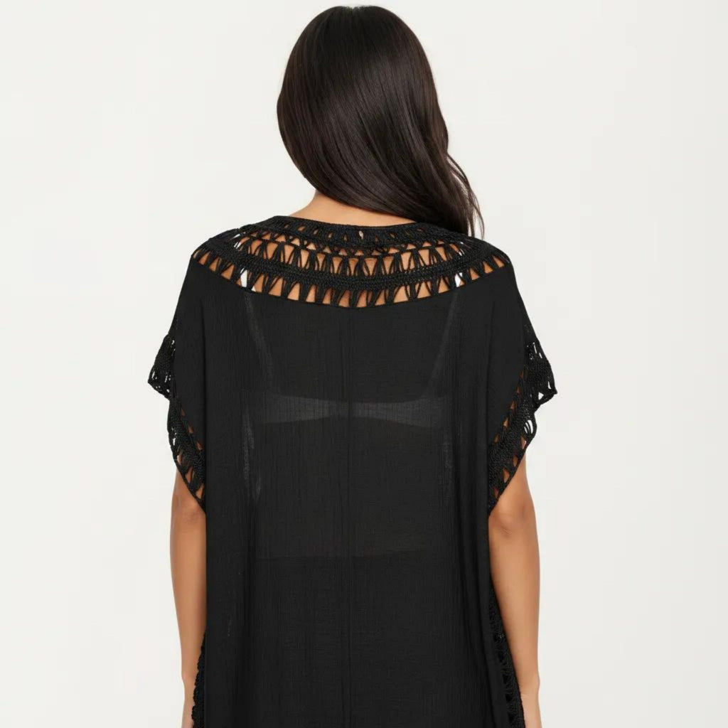 Anna-Kaci Women's Swim Cover Up Dress with Crochet Trim Short Sleeves Relaxed Lightweight Beach Caftan