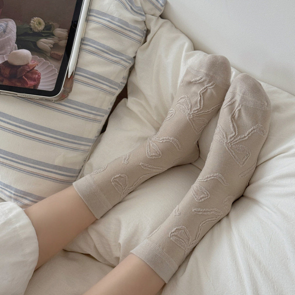 Anna-Kaci Women's 3-Pair Sheer Crew Socks with Textured Bow Pattern Lightweight Mesh Everyday Sock Set