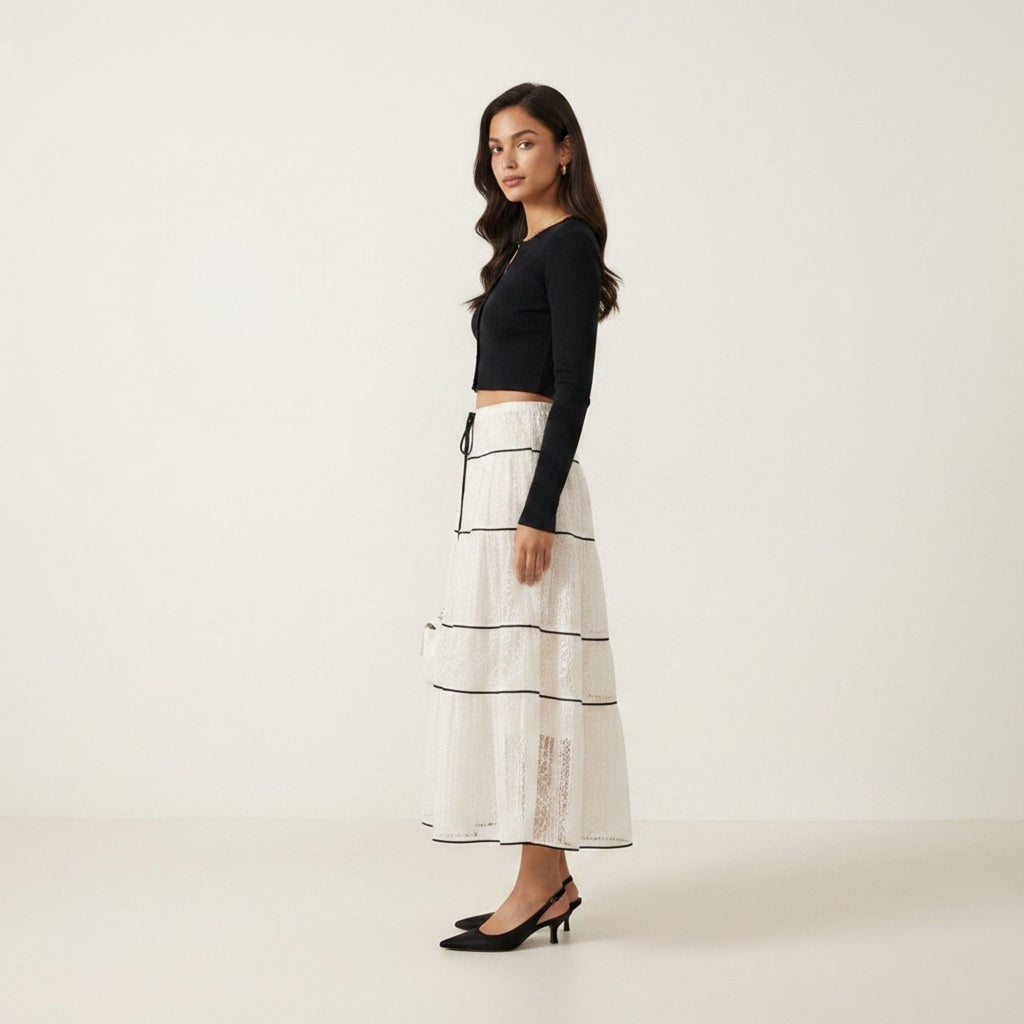 Anna-Kaci Women's 2 Piece Set Long Sleeve Crop Top Button Front Tiered Lace Maxi Skirt Outfit