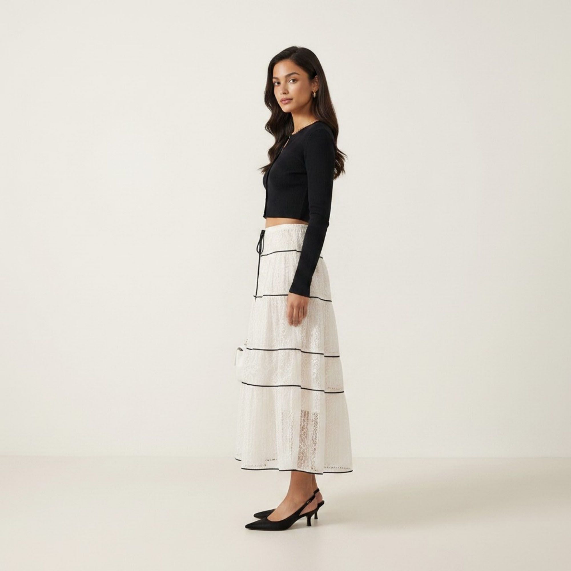 Anna-Kaci Women's 2 Piece Set Long Sleeve Crop Top Button Front Tiered Lace Maxi Skirt Outfit