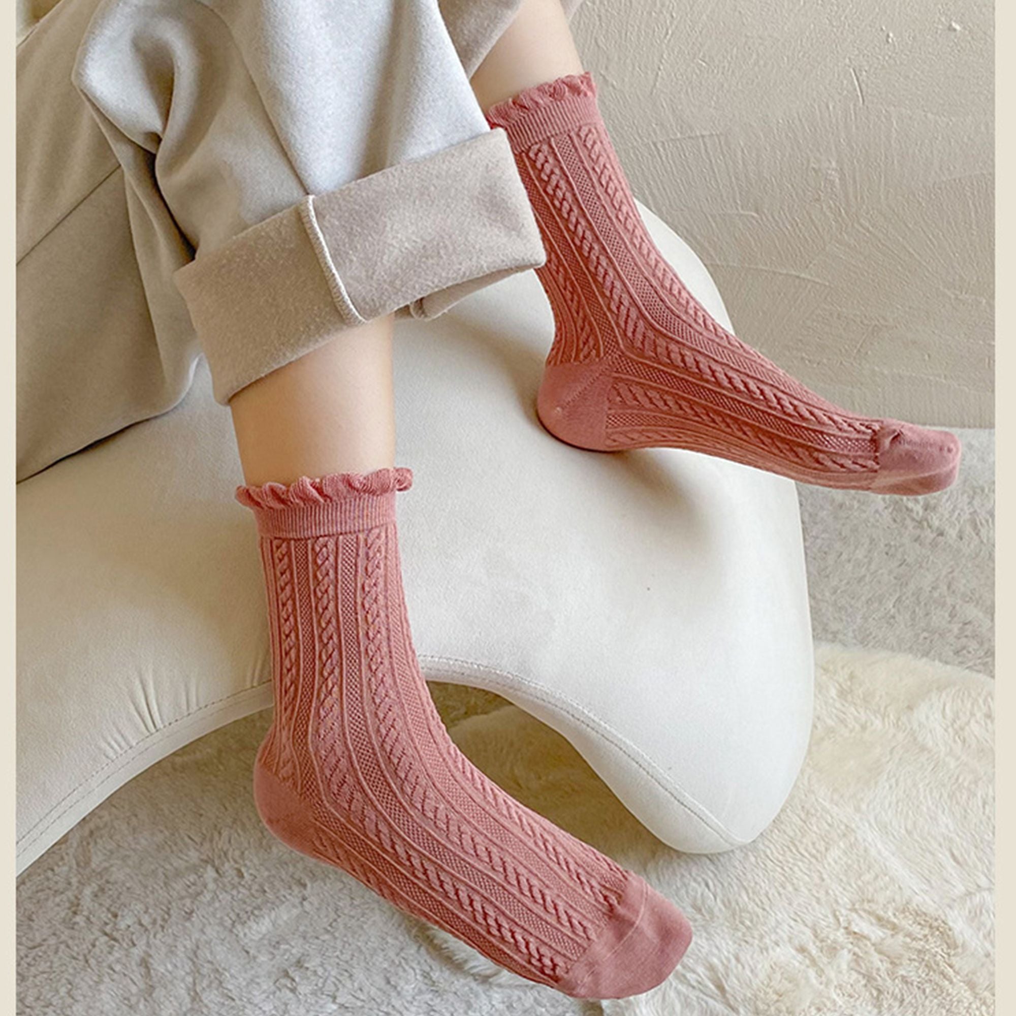 Anna-Kaci 3 Pairs Mid-Crew Cable Knit Socks with Ruffle Cuffs Soft Stretchy Vintage-Inspired Design