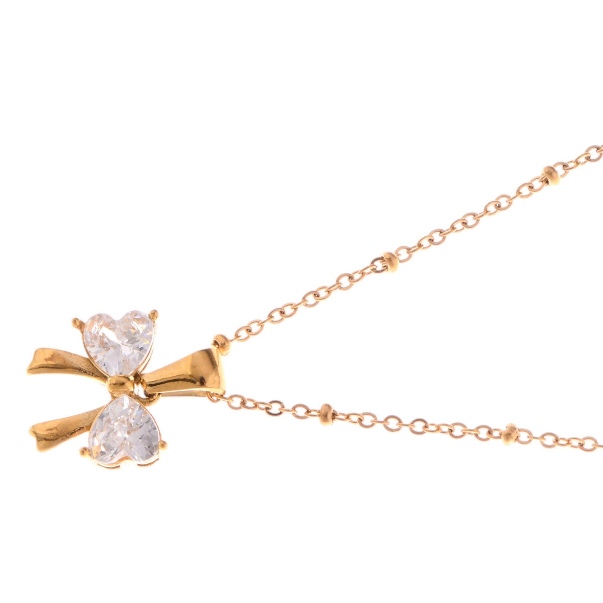 Silver Bow Pendant Fashion Necklace with Pink Gemstone Accents
