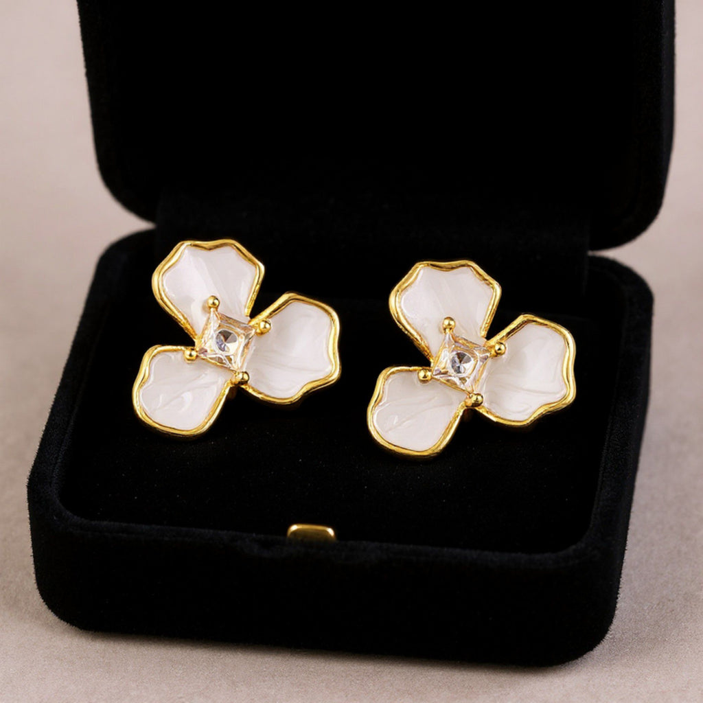 Women's Floral Stud Earrings with Gold Trim, Iridescent Petal Details and Sparkling Center Gemstone Accents for Elegant Style