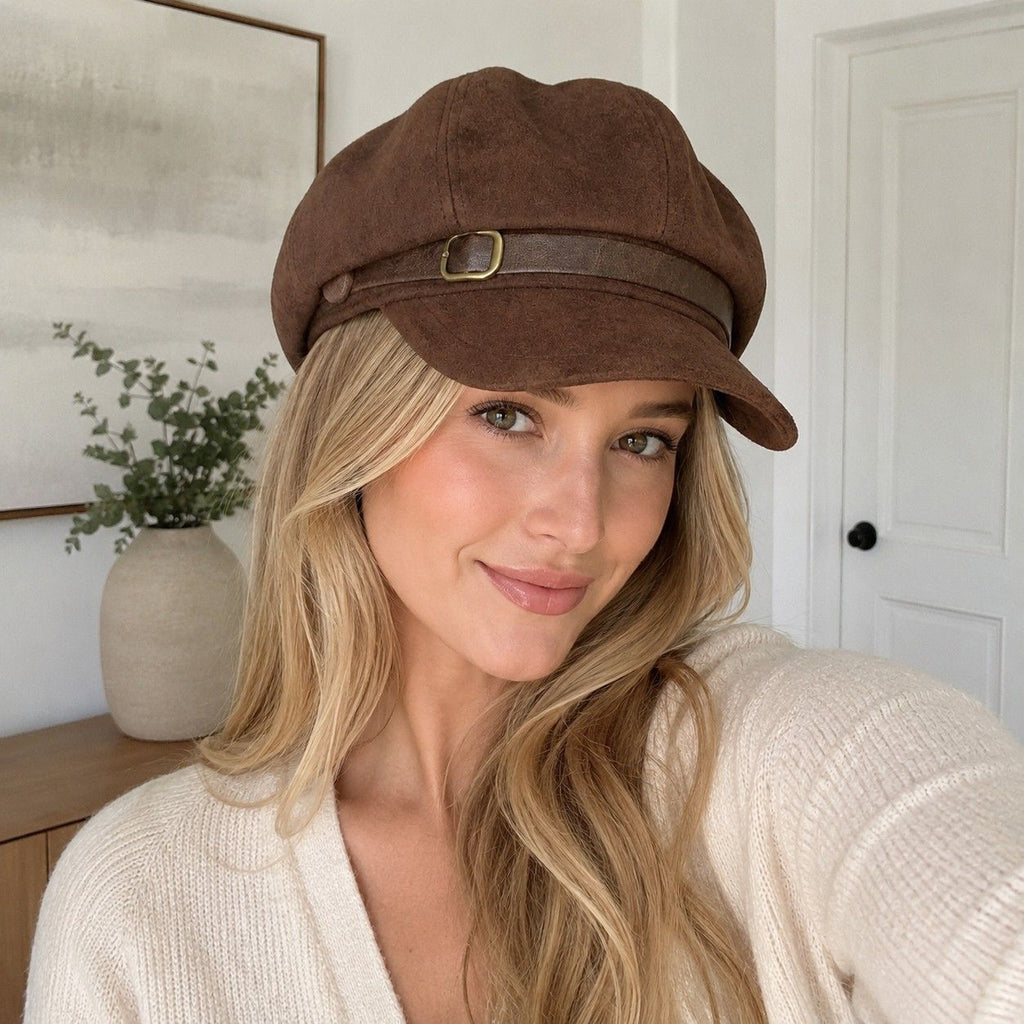 Faux Suede Baker Boy Cap with Buckle Band Vintage Newsboy Style Hat