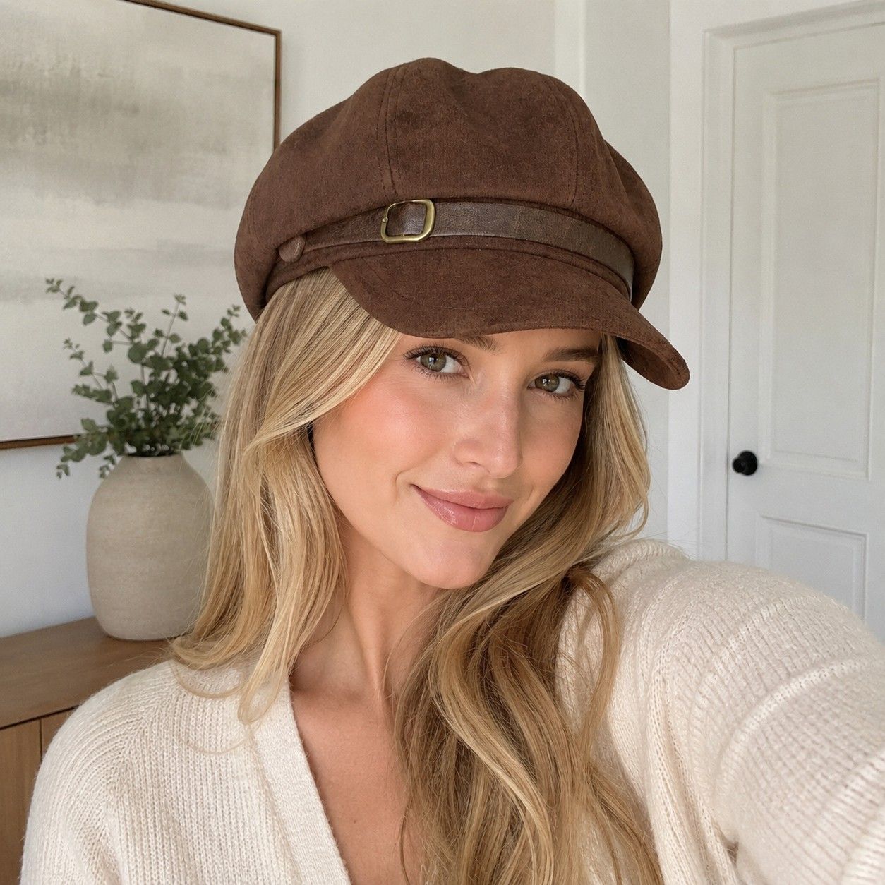 Faux Suede Baker Boy Cap with Buckle Band Vintage Newsboy Style Hat