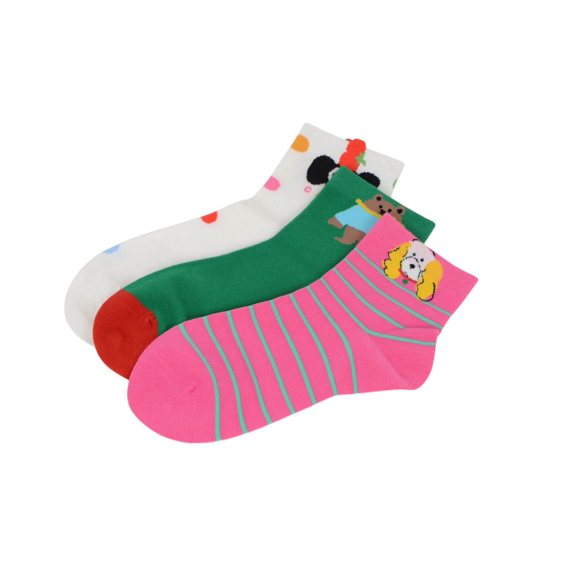 Anna-Kaci Renaissance Women 3-Pair Ankle Socks Set Assorted Patterns Featuring Colorblock, Cartoon Characters, and Butterfly Prints
