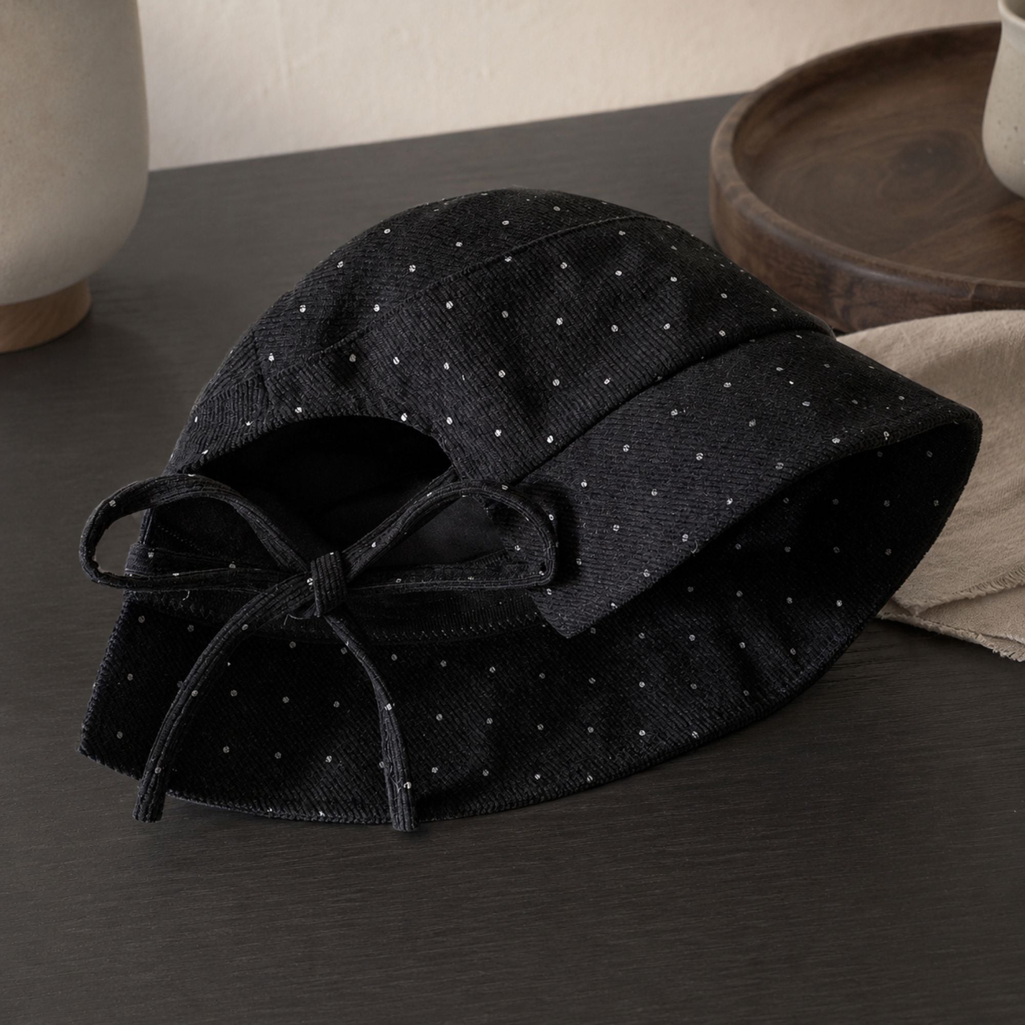 Polka Dot Corduroy Bucket Hat Wide Brim Tie Back Sun Hat