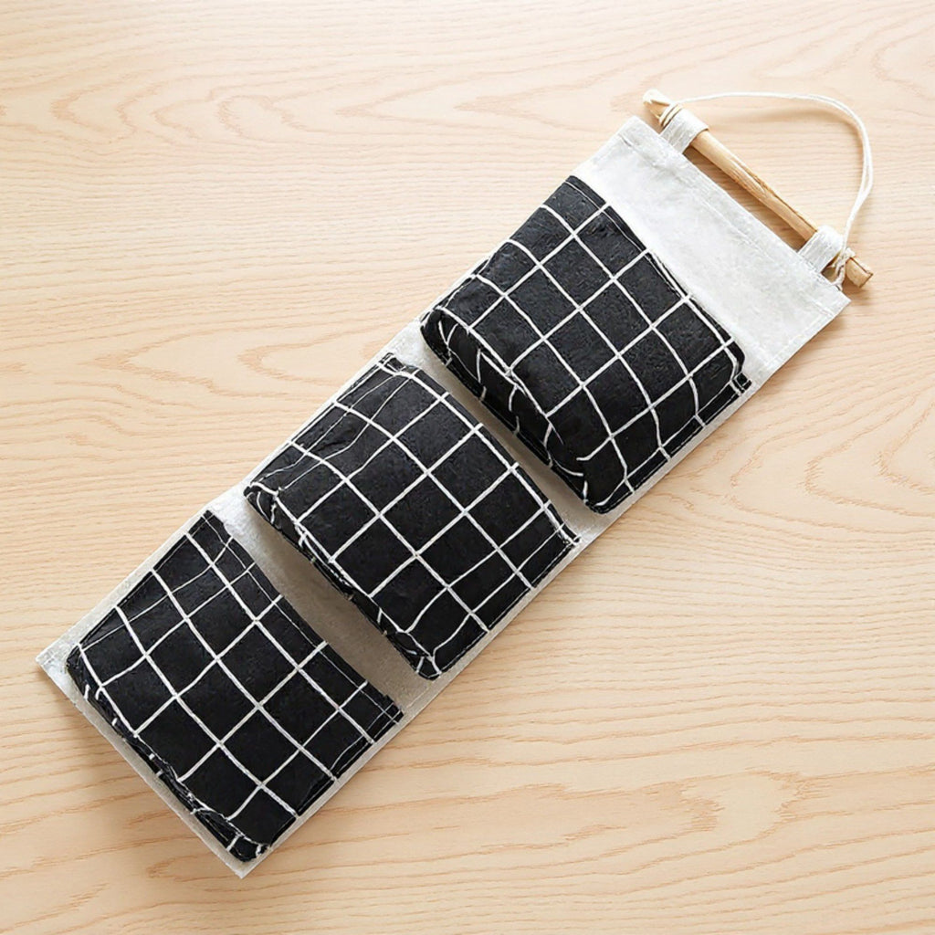Hanging Wall Organizer with Three Pockets and Black Grid Pattern 22.5x7.8 in