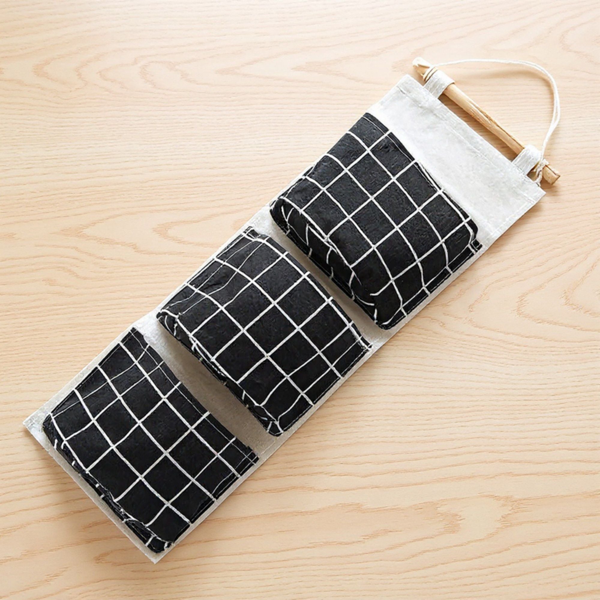 Hanging Wall Organizer with Three Pockets and Black Grid Pattern 22.5x7.8 in