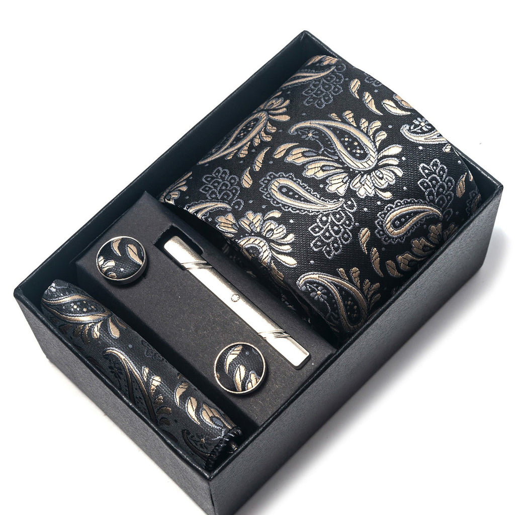 Men's Paisley Floral Tie Gift Set with Matching Pocket Square Cufflinks and Silver Tie Clip