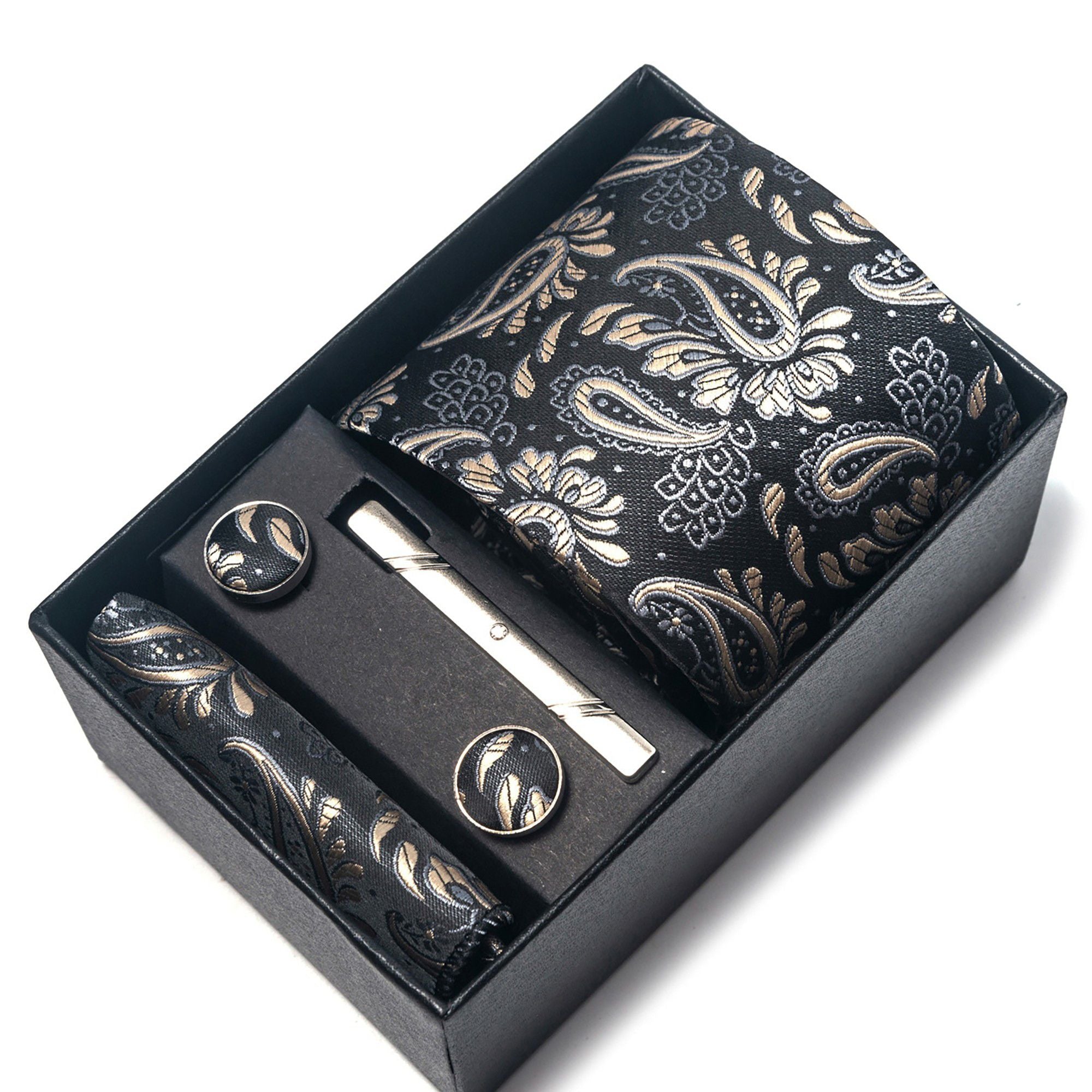 Men's Paisley Floral Tie Gift Set with Matching Pocket Square Cufflinks and Silver Tie Clip